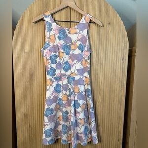 Elegant Floral Mini Dress - Blue and Orange